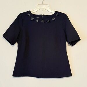 TALBOTS Black Shortsleeve Embellished Rhinestone Top Blouse Size Petite Large
